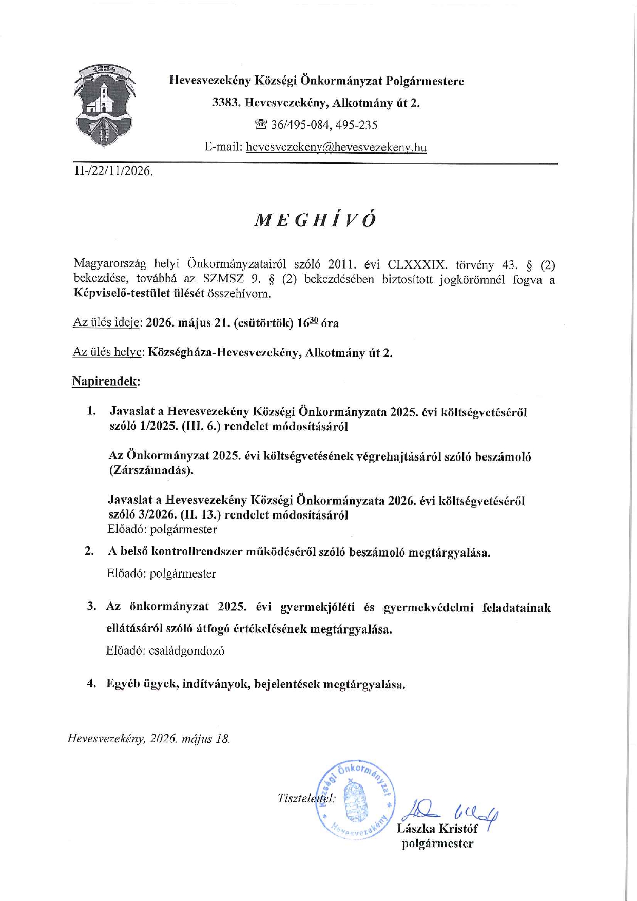 Meghívó 2026.05.21. Képviselő-testületi ülés